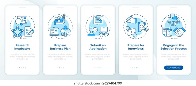 Tela azul do aplicativo móvel onboarding do recrutamento da incubadora de inicialização. Passo a passo 5 passos instruções gráficas editáveis com conceitos lineares. IU, UX, GUI