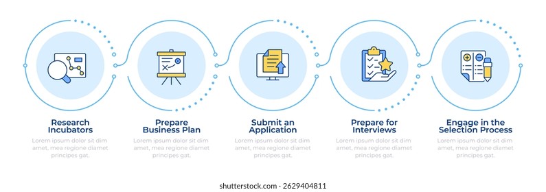 Startup incubators recruitment infographic 5 steps. Research, analytics. Business plan. Flow chart infochart. Editable vector info graphics icons