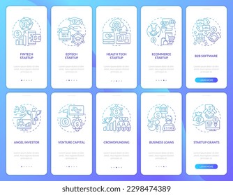 IT startup industries funding blue gradient onboarding mobile app screens set. Walkthrough 5 steps graphic instructions with linear concepts. UI, UX, GUI template. Myriad Pro-Bold, Regular fonts used