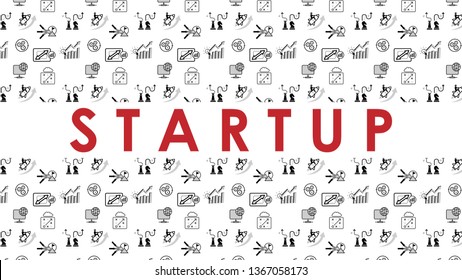 Startup infographic banner with icons set. Header for website and social media:  Idea, Innovation, Vision, Funding, Partnership, Team, Synergy, Marketing. Vector design illustration.