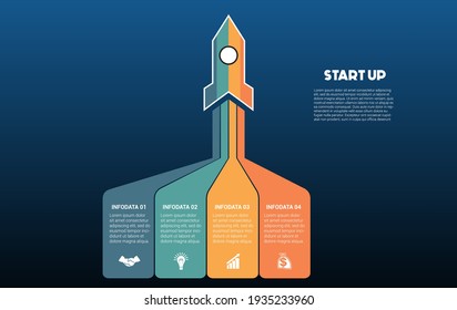 Startup infographic data template. 4 positions. Blue background. Launching rocket and colorful stripes with place for text 