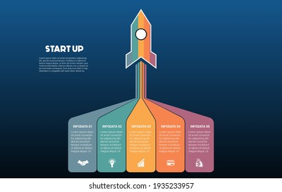 Startup infographic data template. 5 positions. Blue background. Launching rocket and colorful stripes with place for text