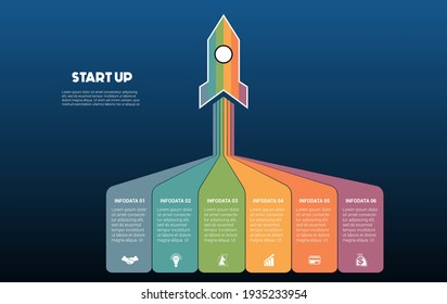 Startup infographic data template. 6 positions. Blue background. Launching rocket and colorful stripes with place for text