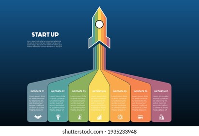 Startup infographic data template. 7 positions. Blue background. Launching rocket and colorful stripes with place for text 