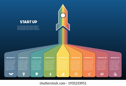 Startup infographic data template. 9 positions. Blue background. Launching rocket and colorful stripes with place for text