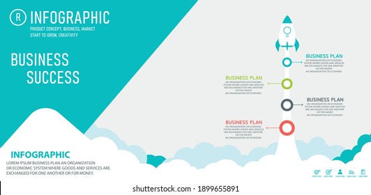 Startup infographic with startup info template. Abstract rocket vector illustration on white background. They can be used for strategic planning, layouts, workflows, business procedures, and education