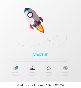 Startup infographic minimal design concept with rocket launch. Business banner with spaceship icon. Vector illustration