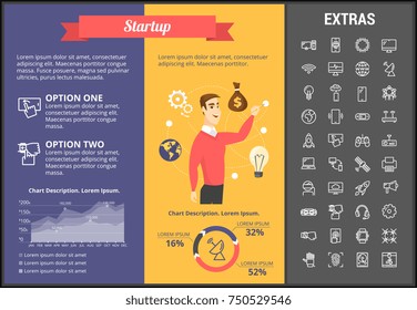 Startup infographic template, elements and icons. Infograph includes customizable graphs, charts, line icon set with startup rocket, business launch, global network technology, internet connection etc