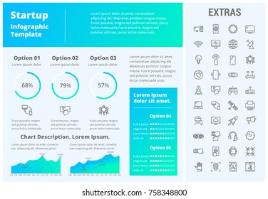 Startup infographic template, elements and icons. Infograph includes customizable graphs, three options, line icon set with startup rocket, business launch, network technology, internet connection etc
