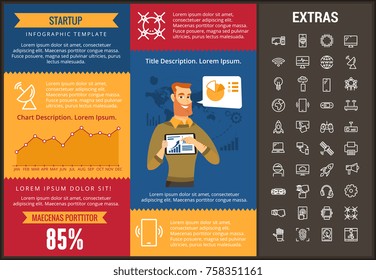 Startup infographic template, elements and icons. Infograph includes customizable graphs, charts, line icon set with startup rocket, business launch, global network technology, internet connection etc