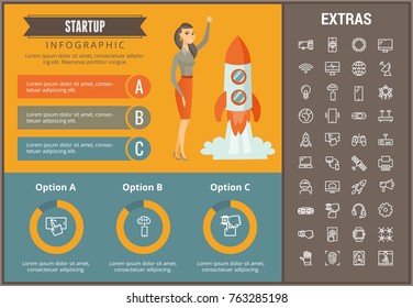 Startup infographic template, elements and icons. Infograph includes customizable graphs, charts, line icon set with startup rocket, business launch, global network technology, internet connection etc