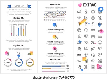 Startup infographic template, elements and icons. Infograph includes customizable graphs, four options, line icon set with startup rocket, business launch, network technology, internet connection etc.