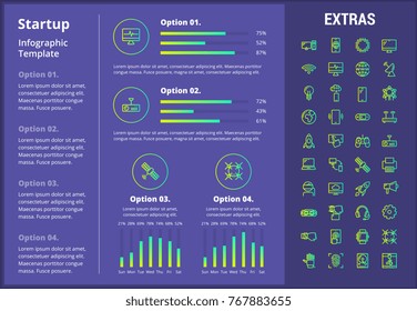 Infografische Vorlage, Elemente und Symbole für den Systemstart. Infograph beinhaltet anpassbare Grafiken, vier Optionen, Line Icon Set mit Startup-Rakete, Business-Start, Netzwerktechnologie, Internetanschluss etc.