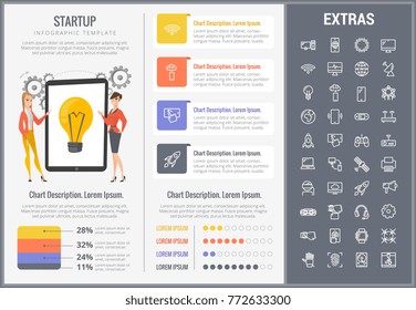 Plantilla de infografía de inicio, elementos e iconos. Infograph incluye gráficos personalizables, gráficos, gráficos, conjunto de iconos de línea con cohete de inicio, lanzamiento de negocios, tecnología de red global, conexión a Internet, etc