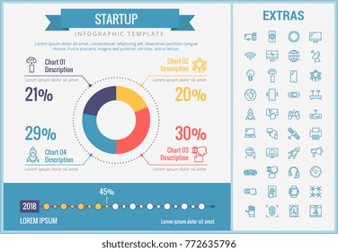 Startup infographic template, elements and icons. Infograph includes customizable pie chart, line icon set with startup rocket, business launch, global network technology, internet connection etc.