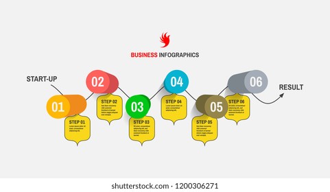 Startup infographic template with six steps. Business concept. Vector illustration for marketing, research, statistics and analytics.
