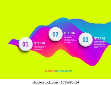 Infografische Startvorlage mit drei Schritten. Geschäftskonzept. 3D welliger Hintergrund mit dynamischem Effekt. Vektorgrafik für Marketing, Forschung, Statistik und Analytik.