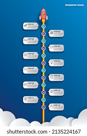 Startup infographics with 12 data template. Vector illustration abstract rocket paper art on blue background. Can be used for planning, strategy, workflow layout, business step, banner, web design.