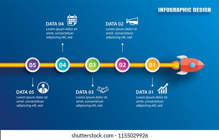 Startup infographics with 5 circle horizontal data template. Vector illustration abstract rocket paper art on blue background. Can be used for planning, strategy, workflow layout, business step