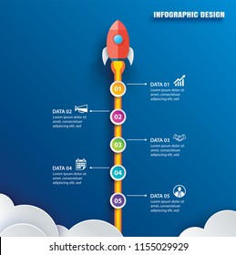 Startup Infographics With 5 Circle Vertical Data Template. Vector Illustration Abstract Rocket Paper Art On Blue Background. Can Be Used For Planning, Strategy, Workflow Layout, Business Step