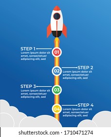 Startup infographics with 5 circle vertical data template. Vector illustration abstract rocket paper art on blue background. Can be used for planning, strategy, workflow layout, business step