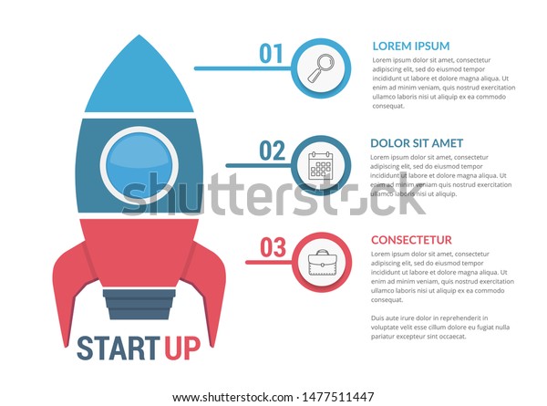 StartUp\
infographics with rocket divided on three elements with icons,\
numbers and text, vector eps10\
illustration