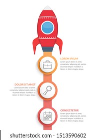StartUp infographics with rocket and three steps or options, vector eps10 illustration