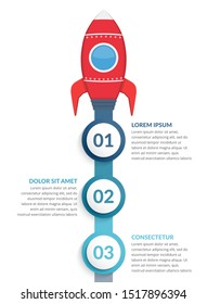 StartUp infographics with rocket and three steps or options, vector eps10 illustration