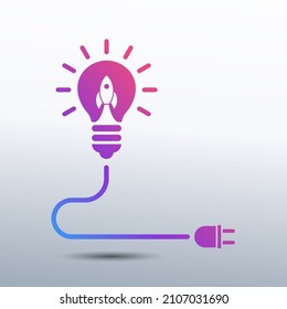 Startup innovation concept with lightbulb and rocket launch as creative solution idea, invention and innovation icon vector illustration for strat-up company