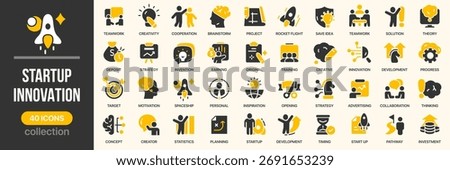 Startup and innovation fill icon collection. Includes rocket, teamwork, motivation, idea, invention, and progress icons. Created in colored style with yellow and gray palette