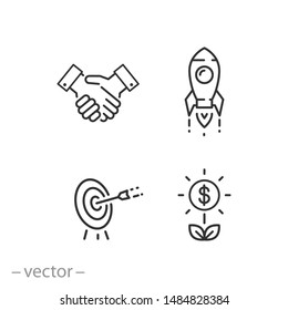 startup innovation icon set, financial investor, entrepreneur, marketing target, thin line web symbols on white background - editable stroke vector illustration eps10