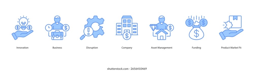 Conjunto de iconos de innovación de inicio Innovación de Vector, negocio, disrupción, empresa, gestión de activos, financiación, ajuste del mercado de productos
