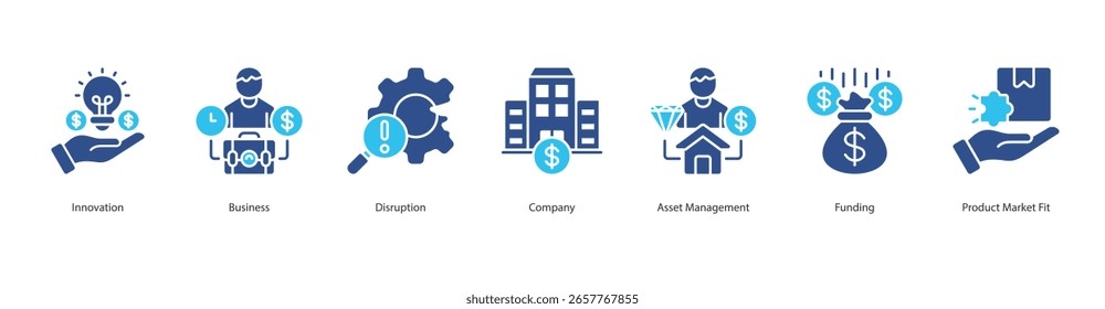 Ícone de inovação de start-up define a inovação vetorial, negócio, interrupção, empresa, gerenciamento de ativos, financiamento, ajuste no mercado de produtos