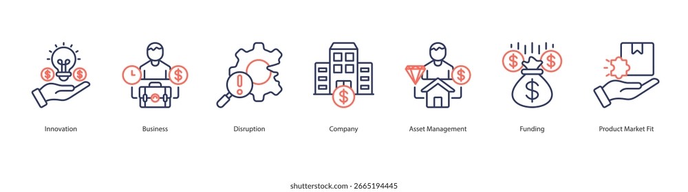 Conjunto de iconos de innovación de inicio Innovación de Vector, negocio, disrupción, empresa, gestión de activos, financiación, ajuste del mercado de productos