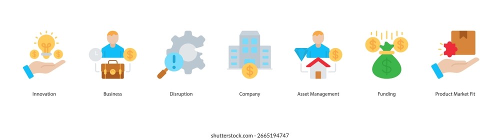 Conjunto de iconos de innovación de inicio Innovación de Vector, negocio, disrupción, empresa, gestión de activos, financiación, ajuste del mercado de productos