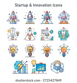 Startup and Innovation Icons. Vector Icons for Ideas, Technology, Growth and New Ventures
