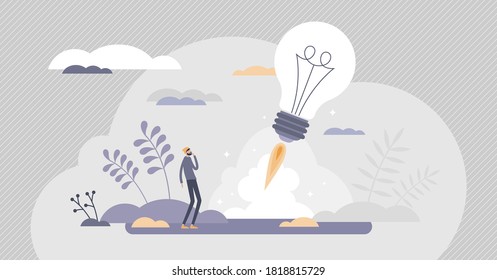 Startup innovation idea with creative project launch tiny persons concept. Business vision as rocket start vector illustration. Work progress opportunity as abstract beginning for successful growth.