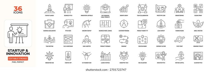 Startup and Innovation Line Icon Set - Entrepreneurship, Wachstum, Finanzierung, Kreativität, Editable Stroke.