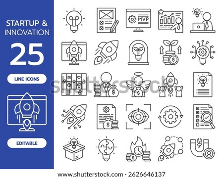 Startup and Innovation Line Icon Set. Includes 25 editable vector icons such as light bulb, MVP, pitch, rocket launch, business idea, design thinking, investor, traction, lean startup, and more.