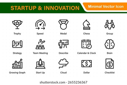 Paquete de iconos de línea de inicio e innovación. Trazo editable, símbolos escalables, colección moderna.