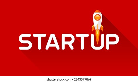 StartUp inscription on red background. Rocket launch. New business. Vector design art for you projects