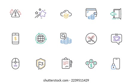 Startup, Inspect and Swipe up line icons for website, printing. Collection of Coffee, Falling star, Globe icons. Smartphone payment, Buying currency, Clipboard web elements. Entrance. Vector