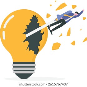 Startup and Inspiration, Creativity to create new idea. Business man and riding on rocket flying from a huge light bulb

