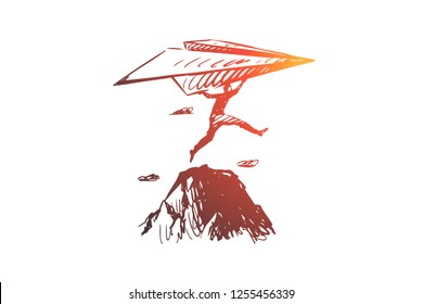 Start-up, inventor vector concept. Businessman with paper airplane jumping on rocks. Hand drawn sketch isolated illustration