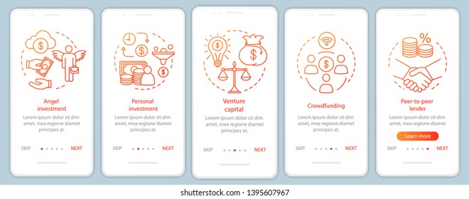 Startup investment onboarding mobile app page screen with linear concepts. Search investor for business walkthrough steps graphic instructions. UX, UI, GUI vector template with illustrations