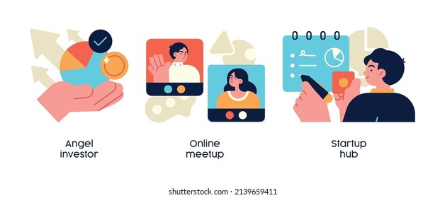 Startup investment platform - set of business concept illustrations. Angel investor, online meetup, startup hub. Visual stories collection.