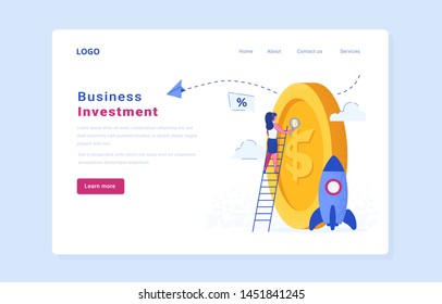 Startup investment vector website landing page design template. manager looks at a coin through a magnifier. Investment in Profitable Project.