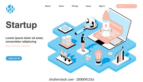 Startup isometric concept. Man starts new business, online project, development of idea and innovations introduction, line flat isometry web banner. Vector illustration in 3d design for landing page