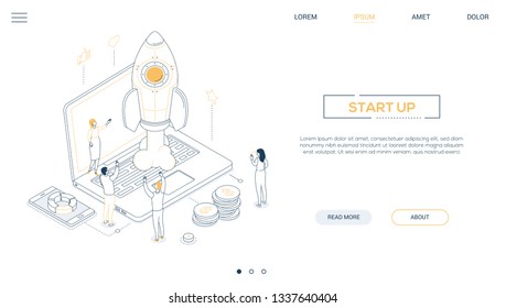 Startup - isometric line design style web banner with copy space for text. Header with male, female colleagues launching a project, images of rocket, laptop, coin stack, smartphone, infographic charts