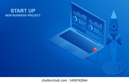 Start-up. Isometric view of the illustration. Laptop with data and infographics. The start button starts a new business project. The rocket is the embodiment of new ideas. Blue background.
